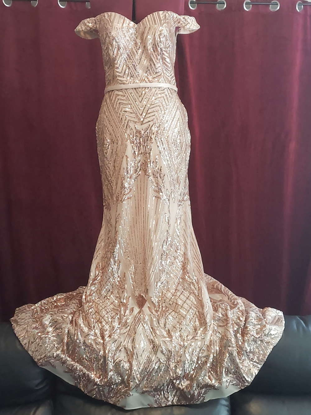 NWT Art Deco Design Rose Gold Sequin Off-Shoulder Evening Gown - Picture 3 of 11